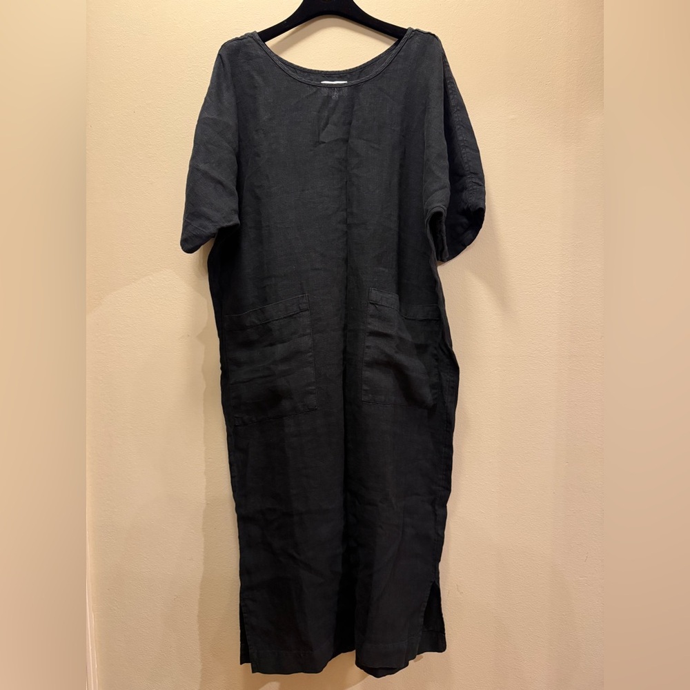 MATE The Label 100% Organic Linen Black Tunic Short Sleeve Midi Dress Size XS/S